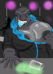 bar_counter big_breasts blue_eyes blue_tongue clothed drunk flashing glowing_tongue godzilla hand_on_breast hoodie looking_at_viewer naughty scalie sharp_teeth simple_background spilled_drink strip_club stripper_pole thirsty tongue_bite tongue_out