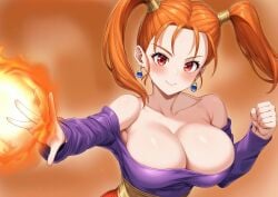 1girls artist_request bare_shoulders blush breasts casting_spell cleavage dragon_quest dragon_quest_viii dress earrings female female_only fireball ginger ginger_female ginger_hair highres jessica_albert large_breasts level-5 looking_at_viewer magic magic_user off_shoulder orange_background orange_hair red_eyes shiny_breasts smile solo solo_female square_enix twintails video_game_character video_games