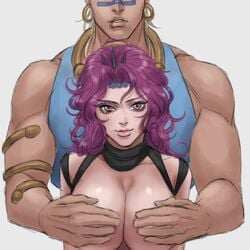 1:1 1boy 1girls 2015 armlet bare_arms bare_shoulders battle_tendency big_breasts blonde_hair breasts cleavage covering covering_breasts ear_ring earrings eyebrows_visible_through_hair facial_mark female genderswap_(mtf) ginjoo_(ginjo_1116) grey_background hair_ornament hand_on_breast humanoid jojo's_bizarre_adventure kars large_breasts light-skinned_female light_skin lip_piercing lips long_hair looking_at_viewer male muscles muscular muscular_male piercing pillar_men pink_eyes purple_hair rule_63 short_hair shounen_jump simple_background size_difference smaller_female tank_top villainess wamuu