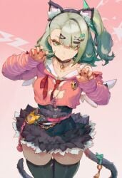 1girls ai_generated alternate_costume angels_of_delusion belly cat_ears cat_tail chocker clothed clothing fake_animal_ears hands_up headband highres jaygoats light-skinned_female light_skin pink_background side_ponytail simple_background skirt sunna_(zenless_zone_zero) tail thick_thighs thighhighs thighs zenless_zone_zero