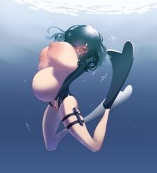 big_breasts blush breast_grab breasts_out female female_only flippers full_body gigantic_breasts grabbing_own_breast huge_areolae huge_breasts kokura1240 large_areolae masturbation original pregnant solo swimming swimsuit swimwear teal_hair thigh_squish thigh_strap underwater wavy_hair wetsuit