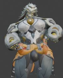 1boy 3d 3d_(artwork) 3d_render augghles banyue_(zenless_zone_zero) big_titties bulge bulge_under_clothes grey_body grey_hair looking_at_viewer machine male_only presenting robot robot_humanoid solo solo_focus solo_male two-tone_body white_body zenless_zone_zero