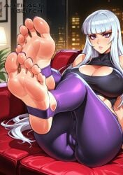 ai_generated artifactglitch bangs big_breasts blush boob_window cameltoe feet feet_up foot_fetish frown gym_uniform league_of_legends leggings legs_up lipstick long_hair nipples_visible_through_clothing on_couch pussy riot_games soles_fetish stirrup_legwear syndra tagme toes violet_eyes watermark white_hair