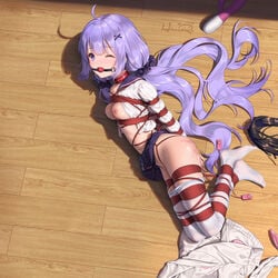 arms_behind_back azur_lane ball_gag blue_eyes bondage breasts collar exhibition exposed_breasts flog_marks flogger functionally_nude gag gagged haneru hogtie looking_at_viewer nipples no_panties open_shirt purple_hair red_rope restrained restrained_arms restrained_feet restrained_wrists rope rope_bondage school_uniform schoolgirl seifuku shirt_open skirt_up thighhighs unicorn_(azur_lane) vibrator winking_at_viewer