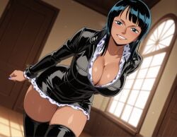 ai_generated black_hair black_jacket black_thighhighs blue_eyes blunt_bangs blush breasts cleavage collarbone cowboy_shot dark-skinned_female dark_skin dress dutch_angle female female_only grin hd indoors jacket juliaverseai large_breasts leaning_forward leather long_hair long_sleeves looking_at_viewer mole mole_on_breast mole_on_thigh mole_under_eye nail_polish nico_robin one_piece shiny_clothes short_dress skindentation smile solo sweat thighhighs thighs window
