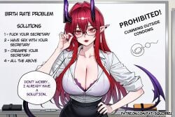 adjusting_eyewear ai_assisted ai_generated arknights ascalon_(arknights) bare_legs black_nails bra_peek cleavage demon_horns earrings english_text fatest_squirrel front_view glasses hand_on_own_hip large_breasts looking_at_viewer mature_female miniskirt office_lady pointy_ears purple_bra red_eyes red_hair red_lips standing tail upper_body white_shirt whiteboard