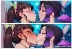 2girls aftermath ai_generated blush blush_lines comic_page deep_kissing demon_slayer detailed_background forest forest_background full-face_blush kimetsu_no_yaiba kissing kochou_shinobu naughty naughty_face open_mouth outdoor outdoors saliva saliva_on_tongue saliva_string saliva_trail smooch wholesome yuri zuton