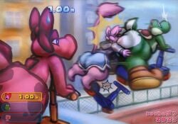 1girls 2023 2boys accidental_circumstance anus anus_lick ass ass_sniffing asshole big_ass bike birdo boots comic comic_page face_in_ass facesitting gay green_skin green_yoshi kochapatsu mario_(series) mario_party mario_party_7 mew nintendo pokemon rimming shoes tricked trio yoshi