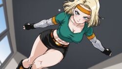 abs ai_generated android_18 belt black_footwear black_gloves black_skirt blonde_hair blue_eyes blush boots breasts cleavage closed_mouth collarbone crop_top cropped_shirt dragon_ball dragon_ball_super dragon_ball_z earrings female fingerless_gloves gloves headband jewelry large_breasts looking_at_viewer midriff miniskirt navel shirt short_hair short_sleeves skirt solo thighs
