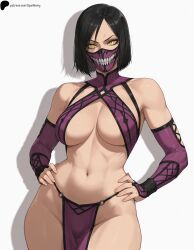 1girls ai_generated black_hair breasts detached_sleeves female hands_on_own_hips hi_res high_quality high_resolution highres large_breasts light loincloth looking_at_viewer midriff mileena mortal_kombat mouth_mask navel opal_nemy patreon_logo patreon_url patreon_username pelvic_curtain plain_background self_upload shadow shiny shiny_clothes shiny_hair shiny_skin short_hair simple_background solo standing thick_thighs thighs watermark white_background wide_hips yellow_eyes