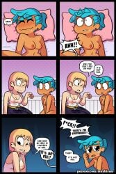 bed bedroom big_breasts black_eyes blonde_hair blue_hair breasts breasts_out brie_(muyhiram) clothed clothing comic comic_page crying crying_eyes crying_with_eyes_open demon_and_mess ear_piercing ear_ring earrings english english_dialogue english_text fani_(muyhiram) female/female female_only masturbation medium_breasts moan moaning muyhiram naked nipples_visible_through_clothing omorashi peeing peeing_on_another peeing_on_clothing pillow ponytail short_hair sobbing squirt squirting sweat sweatdrop sweating sweaty sweaty_body wet wet_clothes wet_clothing wet_face wet_hair