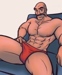 abs adjusting_swimsuit bara bulge eyebrows gay legs_apart male male_focus male_only moustache muscles muscular muscular_male muscular_thighs nintendo pecs punch-out!! seated smooth_skin smooth_skinned_male soda_popinski speedo tagme