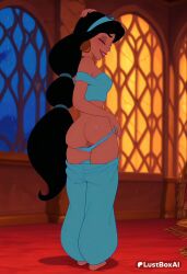 1girls ai_generated aladdin aladdin_(1992_disney_film) arabian_clothes artist_name ass bare_shoulders barefoot black_hair blue_pants blue_shirt breasts closed_eyes clothes_pull crop_top dark-skinned_female dark_skin earrings female from_behind full_body hairband hi_res hoop_earrings indoors jewelry long_hair low-tied_long_hair lustboxai medium_breasts multi-tied_hair off-shoulder_shirt off_shoulder panties pants pants_pull panty_pull princess_jasmine pulled_by_self pussy rain shirt smile solo standing sweat uncensored underwear very_long_hair window