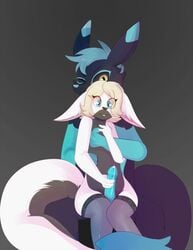 anthro big_tail bodily_fluids canid canine clothing cum duo erection fan_character fennec fox fur genital_fluids genitals girly hi_res legwear male male/male mammal nude penis roxbury roxburyfox sex size_difference smile thigh_highs thigh_sex tongue