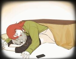 2boys anal annoyed ass black_shirt blush bottomless cardigan cellphone clothed_sex green_cardigan highres holding_hands hyoutenka_30-do_no_zetsubou jh kotatsu kuchinashi_dabi lying male_focus multiple_boys no_visible_genitalia on_stomach phone pretty_boy prone_bone shirt skinny smartphone smile steam_from_mouth table three-quarter_sleeves tonimura_yui under_kotatsu under_the_table vignetting yaoi