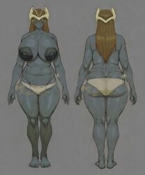 ai_generated back_view big_ass big_breasts blue_skin body_odor breasts closed_eyes elf_female large_areolae model_sheet mystical_elf nipples panties smelly stink_lines wet yu-gi-oh!