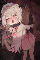 +_+ 2girls absurdres age_difference arm_held_back bat_wings bent_over beret black_collar black_thighhighs black_wings blonde_hair blush bound bow bowtie breasts clothed_sex collar commentary_request crescent_moon dark-skinned_female dark_skin dress frilled_dress frills grabbing_another's_arm hair_ornament hat head_wings height_difference highres holding holding_leash lace-trimmed_thighhighs lace_trim large_breasts leash lingerie long_hair moon motion_lines multiple_girls necktie open_mouth original panties panty_pull partial_commentary pink_bow pink_dress pink_eyes pink_necktie ponytail restrained sex sex_from_behind shinkaiobake shiny_skin short_ponytail short_sleeves side_ponytail solo_focus standing standing_sex sweat symbol-shaped_pupils tall_female thigh_strap thighhighs underwear wings