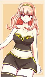 1girls alternate_costume artist_signature black_shorts celica_(fire_emblem) clothed_female cute earrings exposed_midriff female female_only fire_emblem fire_emblem_echoes:_shadows_of_valentia fire_emblem_gaiden fire_emblem_warriors fully_clothed gym_shorts large_breasts looking_at_viewer official_alternate_costume orange_hair raydango red_eyes short_shorts shorts solo source_request thighhighs underwear