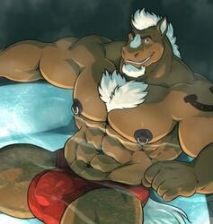 2020 5_fingers abs absurd_res anthro beard biceps big_bulge big_muscles black_nipples blue_eyes body_hair brown_body brown_fur bulge chest_hair clothed clothing equid equine facial_hair fingers fur grisser hair hi_res horse hot_tub huge_bulge huge_muscles humanoid_hands looking_at_viewer male male_only mammal mane muscular muscular_male nipple_piercing nipple_ring nipples pecs piercing sitting solo speedo swimwear tattoo topless triceps white_hair zeeme