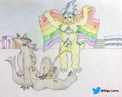 absurd_res armpit_hair balls blue_eyes blue_hair bodily_fluids body_hair canid canine canis city city_background domestic_dog genital_fluids genitals giga_larry hair hi_res koopa koopaling larry_koopa male male/male mammal mario_(series) nintendo penis pride_colors rainbow_flag rainbow_pride_flag rainbow_symbol scalie traditional_media_(artwork) urine video_games yellow_eyes