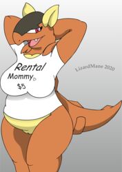 absurd_res anthro anthrofied big_breasts breasts brown_body chubby clothed clothing curvy_figure digital_media_(artwork) female hands_behind_head hi_res kangaskhan looking_at_viewer mammal mature_female mother nintendo open_mouth overweight overweight_female parent partially_clothed pokémon_(species) pokemon pussy red_eyes rental_mommy_shirt simple_background smile solo solo_focus thick_thighs video_games wide_hips