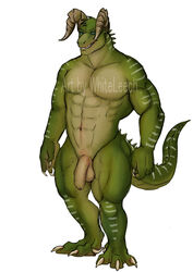 2020 abs anthro balls biceps biped blue_eyes claws dragon fingers flaccid genitals green_body green_skin horn humanoid_genitalia humanoid_penis lizard looking_at_viewer male male_only muscular muscular_male nude pecs penis reptile scalie simple_background smile solo spikes thick_thighs toes uncut watermark white_background whiteleech wingless_dragon