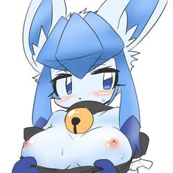 1girls animal_ear_fluff animal_nose anthro anthrofied bell blue_eyes blue_fur blue_hair blush breasts breasts_out canine eeveelution embarrassed female furry generation_4_pokemon glaceon highres looking_to_the_side medium_breasts nintendo nipples opurimasin pokemon pokemon_(species) pokemon_dppt puffy_short_sleeves puffy_sleeves short_sleeves simple_background solo sweat upper_body