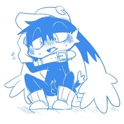 1boy blush boots collar doneru furry gloves hat klonoa klonoa_(series) male male_only monochrome open_mouth sketch solo squatting sweat tail