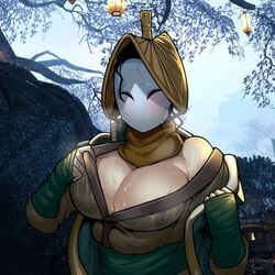 1girls big_breasts black_hair blush cleavage clothed color colored for_honor hand_wraps japanese_clothes krekk0v lantern mask messy_hair nobushi outdoors outside scarf sweat sweaty_breasts tree undressing upper_body wet_clothes