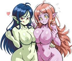 2girls alternate_breast_size blue_hair blush breast_press breasts busty chronoa circlet cleavage commission commissioner_upload core_person demoness dragon_ball dragon_ball_heroes earrings female_only goddess green_nipples green_skin hand_on_hip jewelry large_breasts lewdamone licking_lips light_brown_hair long_hair looking_at_viewer multiple_girls nipples no_bra no_panties pink_skin pointy_ears potara_earrings red_eyes robelu_(dragon_ball) smile super_dragon_ball_heroes supreme_kai supreme_kai_of_time thick_thighs thighs time_power_unleashed_form_(dragon_ball) tongue tongue_out voluptuous yellow_eyes yuri