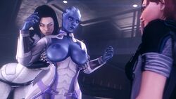 3d 3d_(artwork) 3girls areolae asari big_breasts bioware blue_skin breasts commander_shepard female female_only femshep hourglass_figure large_breasts lesbian liara_t'soni mass_effect miranda_lawson nipples noname55 yuri