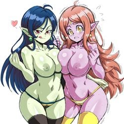 2girls alternate_breast_size black_legwear blue_hair blush breast_press breasts busty chronoa circlet cleavage commission commissioner_upload core_person demoness dragon_ball dragon_ball_heroes earrings female_only goddess green_nipples green_skin highres jewelry large_breasts lewdamone licking_lips light_brown_hair long_hair looking_at_viewer multiple_girls nipples panties panty_pull pink_skin pointy_ears potara_earrings red_eyes robelu_(dragon_ball) smile striped striped_panties super_dragon_ball_heroes supreme_kai supreme_kai_of_time sweat sweating thick_thighs thighs time_power_unleashed_form_(dragon_ball) tongue tongue_out underwear voluptuous yellow_eyes yellow_legwear yuri