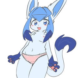 1girls :3 :d anthro anthrofied blue_eyes blue_fur blue_hair blush_stickers breasts cowboy_shot eeveelution female furry generation_4_pokemon glaceon highres lace lace-trimmed_panties looking_at_viewer navel nintendo nipples open_mouth opurimasin panties pawpads pink_panties pokemon pokemon_(species) pokemon_dppt pokemorph simple_background small_breasts smile solo standing tail topless underwear white_background