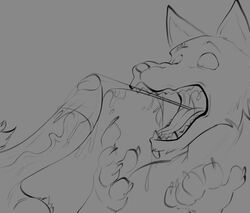 2020 5_fingers anthro anthro_on_anthro balls beastars biped canid canine canis claws collot_(beastars) condom condom_gagging condom_in_mouth condom_stuck_in_throat crotch_tuft digital_media_(artwork) domestic_dog doost duo fingers fur genitals herding_dog legoshi_(beastars) line_art male male/male male_only mammal monochrome nude old_english_sheepdog oral pastoral_dog penis sexual_barrier_device sheepdog snout tuft wolf