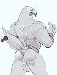 aestheticmachine anthro anus ass avian backsack balls beak bird blush bodily_fluids bottomless clothed clothing feathers genitals male male_only monochrome muscular open_mouth perineum simple_background solo sweat tongue topwear white_background