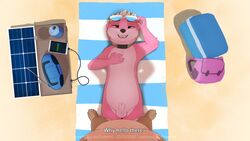 16:9 ambiguous_gender animal_genitalia anthro balls beach brown_body brown_fur collar english_text eyewear fur genitals glasses greeting letodoesart lutrine male mammal mustelid phone pink_body pink_fur seaside sheath text towel widescreen