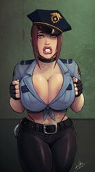 1girls abs areola_slip areolae bare_midriff belt big_breasts big_lips bimbo breasts brown_eyes brown_hair busty capcom choker cleavage clenched_teeth collar curvaceous curvy devil_hs female female_focus female_only fingerless_gloves g-string handcuffs hat hourglass_figure huge_breasts jill_valentine jill_valentine_(sasha_zotova) large_breasts lipstick makeup midriff midriff_baring_shirt muscular_female naughty_face nipples peaked_cap pinup plump_lips police police_hat police_officer police_uniform policewoman pose posing resident_evil sci-fi science_fiction scifi seducing seductive seductive_look short_hair skin_tight solo solo_female standing thick_lips thick_thighs thong thong_above_pants thong_straps tied_shirt tight_pants uniform voluptuous wide_hips