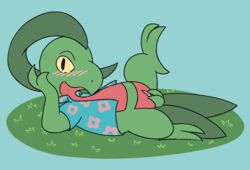 ambiguous_gender animal_genitalia blush clothing genital_slit grovyle hi_res nintendo otterjunk pokémon_(species) pokemon reptile scalie simple_background slit tracy_(linker) video_games