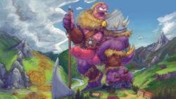 16:9 3_toes 4_fingers anthro armor axe balls barbarian belt big_balls big_penis biped castle clothed clothing cloud destruction detailed_background digital_media_(artwork) digital_painting_(artwork) dinosaur erection fingers footprint forest front_view genitals grin hi_res humanoid_genitalia humanoid_penis landscape macro male male_only melee_weapon mountain muscular muscular_male narrowed_eyes nommz partially_clothed pauldron penis purple_body reptile river scalie smile solo step_pose stomping theropod toes tree tyrannosaurid tyrannosaurus tyrannosaurus_rex village weapon widescreen