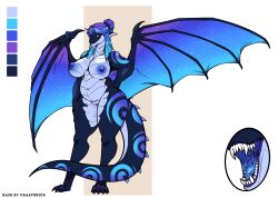 absurd_res anthro big_breasts blue_hair blue_nipples blue_wings breasts curvy curvy_figure da-end digital_media_(artwork) dragon dragoness fan_character female female_only fsmaverick hair hand_on_hip hi_res jupiter_(da-end) membrane_(anatomy) membranous_wings model_sheet nipples nude open_mouth reference_sheet scalie sharp_teeth solo teeth voluptuous western_dragon wide_hips wings