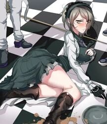 blush danganronpa danganronpa_v3 dress fallen_down gray_hair green_eyes green_hair kokichi_ouma maid on_the_floor ouma_kokichi rantaro_amami straight_hair toujou_kirumi uncomfortable