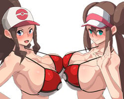 2girls aged_up alternate_breast_size alternate_outfit armpits big_breasts blue_eyes blushing brown_hair double_bun eye_contact female female_only hat hilda_(pokemon) huge_breasts human large_breasts long_hair looking_at_viewer micro_bikini nanashi_maru nintendo poke_ball poke_ball_bikini pokemon pokemon_bw pokemon_bw2 rosa_(pokemon) twintails