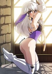 1girls arms_up artist_name ass back bare_back bare_thighs big_ass eyebrows_visible_through_hair fire_emblem fire_emblem:_three_houses from_side hair_ornament heart heart-shaped_pupils highres kinkymation kneeling leotard long_hair looking_back lysithea_von_ordelia nintendo open_mouth patreon_username pin_up pink_eyes silver_hair solo symbol-shaped_pupils thighhighs watermark web_address white_hair white_legwear