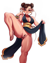 absurdres alternate_costume ass_visible_through_thighs bare_legs black_dress blush breasts brown_eyes brown_hair chun-li cleavage dirtyero_(artist) double_bun dress earrings english_commentary eyeliner eyeshadow female hair_ribbon high_heels highres jewelry large_breasts lips long_dress looking_at_viewer makeup naughty_face no_bra no_panties pelvic_curtain_lift presenting pubic_hair pussy pussy_juice red_ribbon ribbon sash short_hair sideboob solo standing standing_on_one_leg street_fighter street_fighter_v studded_bracelet thick_thighs thighs uncensored white_background