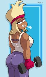 1girls ass big_breasts blonde_hair breasts carol_(ok_k.o.!_let's_be_heroes) carol_kincaid dumbbell gloves headband lidded_eyes looking_at_viewer looking_back milf muscle muscles muscular muscular_female nasiri_(artist) ok_k.o.!_let's_be_heroes sideboob smile sweat tank_top thick_ass thick_thighs workout yoga_pants