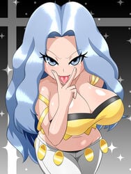 1girls alternate_breast_size big_breasts blue_hair breasts cleavage clothed elite_four eye_contact female female_only half-closed_eyes human karen_(pokemon) karen_(pokemon_hgss) long_hair looking_at_viewer mature_female nintendo pokemon pokemon_gsc pokemon_hgss solo source_request thick_thighs v wide_hips yensh