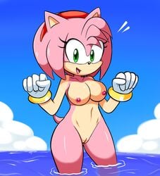 accessories_only amy_rose anthro breasts duplichance exposed_torso footwear furry gloves handwear hedgehog humanoid mostly_nude nipples nude ocean outdoors outside pink_body pink_hair pussy sea smile solo_focus sonic_(series) water