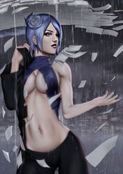 1girls blue_hair breasts cleavage cloak clothed erect_nipples_under_clothes female female_only konan n6023 naruto naruto_(series) naruto_shippuden navel_piercing orange_eyes paper piercing raining ring solo undressing