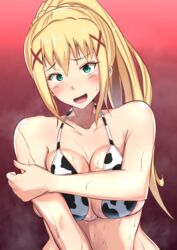 1girls alternate_eye_color belly big_breasts bikini blonde_hair blush cleavage cow_bikini cow_print darkness_(konosuba) eye_contact fit green_eyes heavy_breathing huge_breasts kono_subarashii_sekai_ni_shukufuku_wo! long_hair looking_at_viewer midriff pale-skinned_female pale_skin ponytail smile sweat thin_waist wet yottan