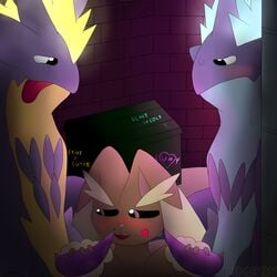 1:1 2boys absurd_res alley ambiguous_gender animal_genitalia anthro anthrofied blush bodily_fluids female furry genital_slit graffiti group group_sex handjob heart hi_res interspecies lopunny male nintendo penile penis pokémon_(species) pokemon pokemon_(species) pokemon_dppt pokemon_ss scalie shy slit sweat threesome tongue tongue_out toxtricity trash umbry_(artist) video_games